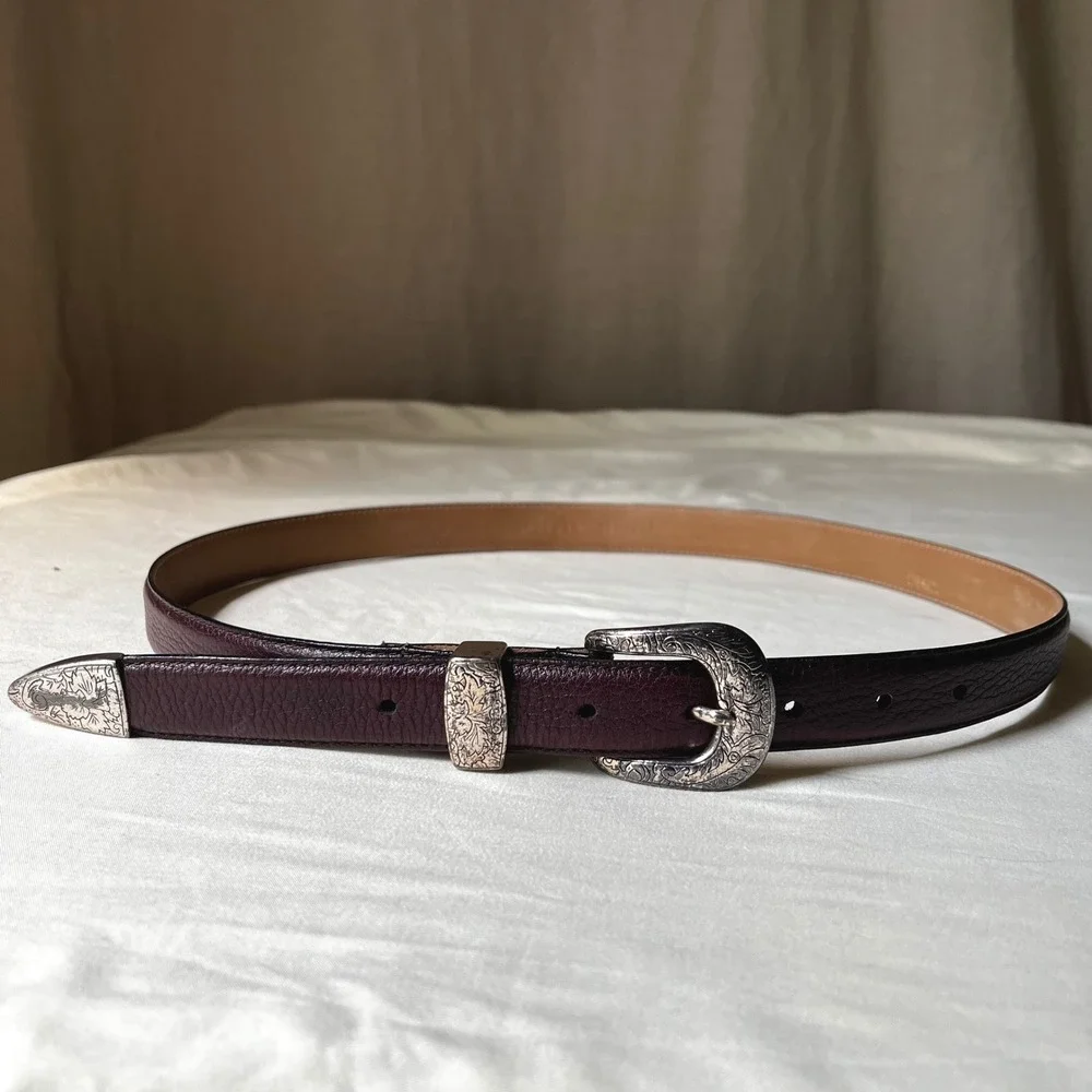 Vintage Full Grain Cowhide Leather Belt Engraved Silver Buckle Western Size 36